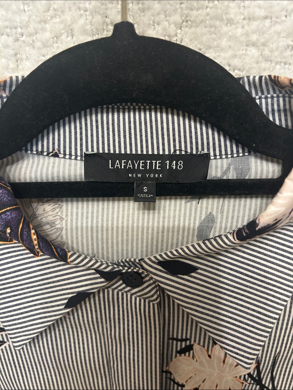 Lafayette 148 New York Floral Pinstripe Shirt Dress in Gray, Navy and Beige - Picture 2 of 5